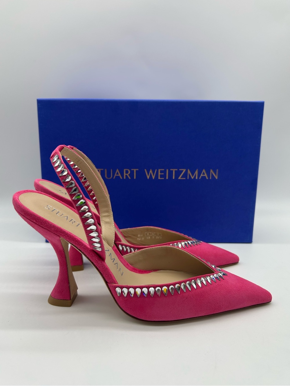 Stuart Weitzman Sleek Hot Pink Crystal Suede Slingback Pumps Size 6.5B NWB - Picture 15 of 15